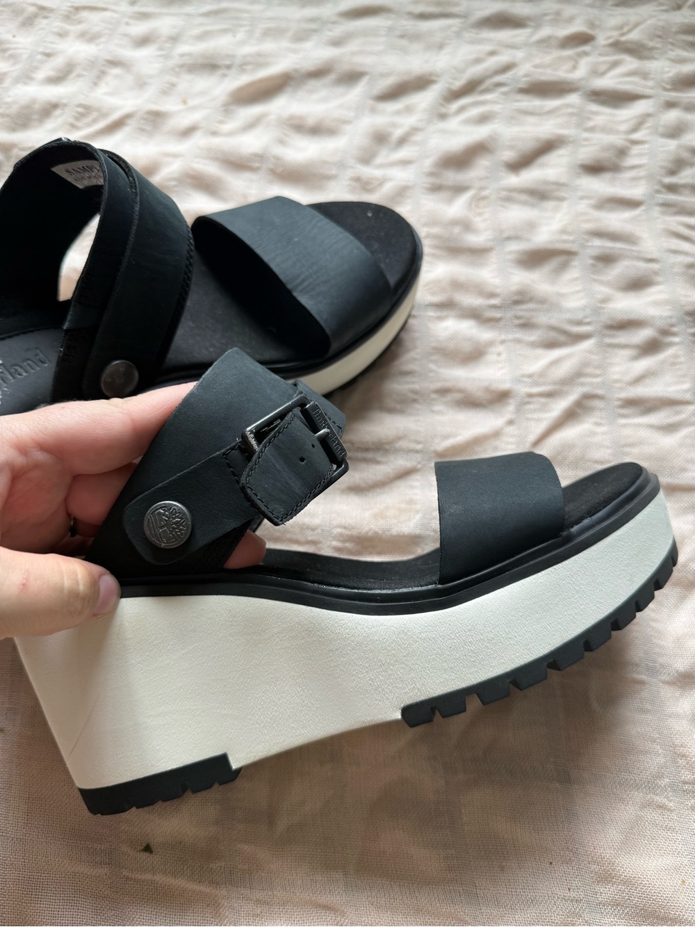 Timberland Black Platform Wedge Sandals with White Sole - Picture 6 of 9